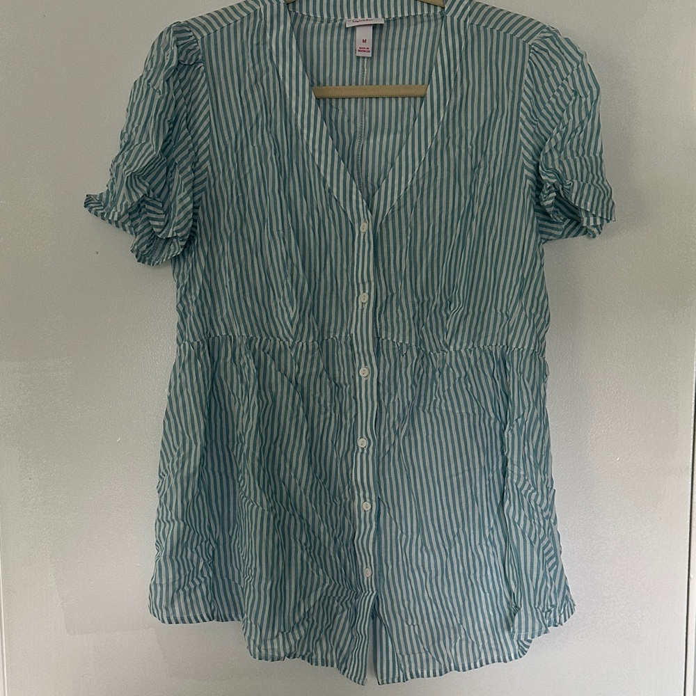 Striped Blue Button-Up Maternity Top